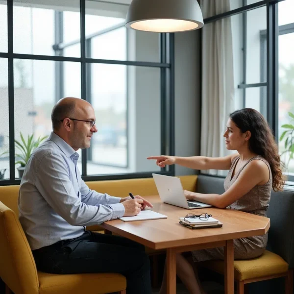 Emprendedor discutiendo estrategias de marketing digital en una reunión profesional.